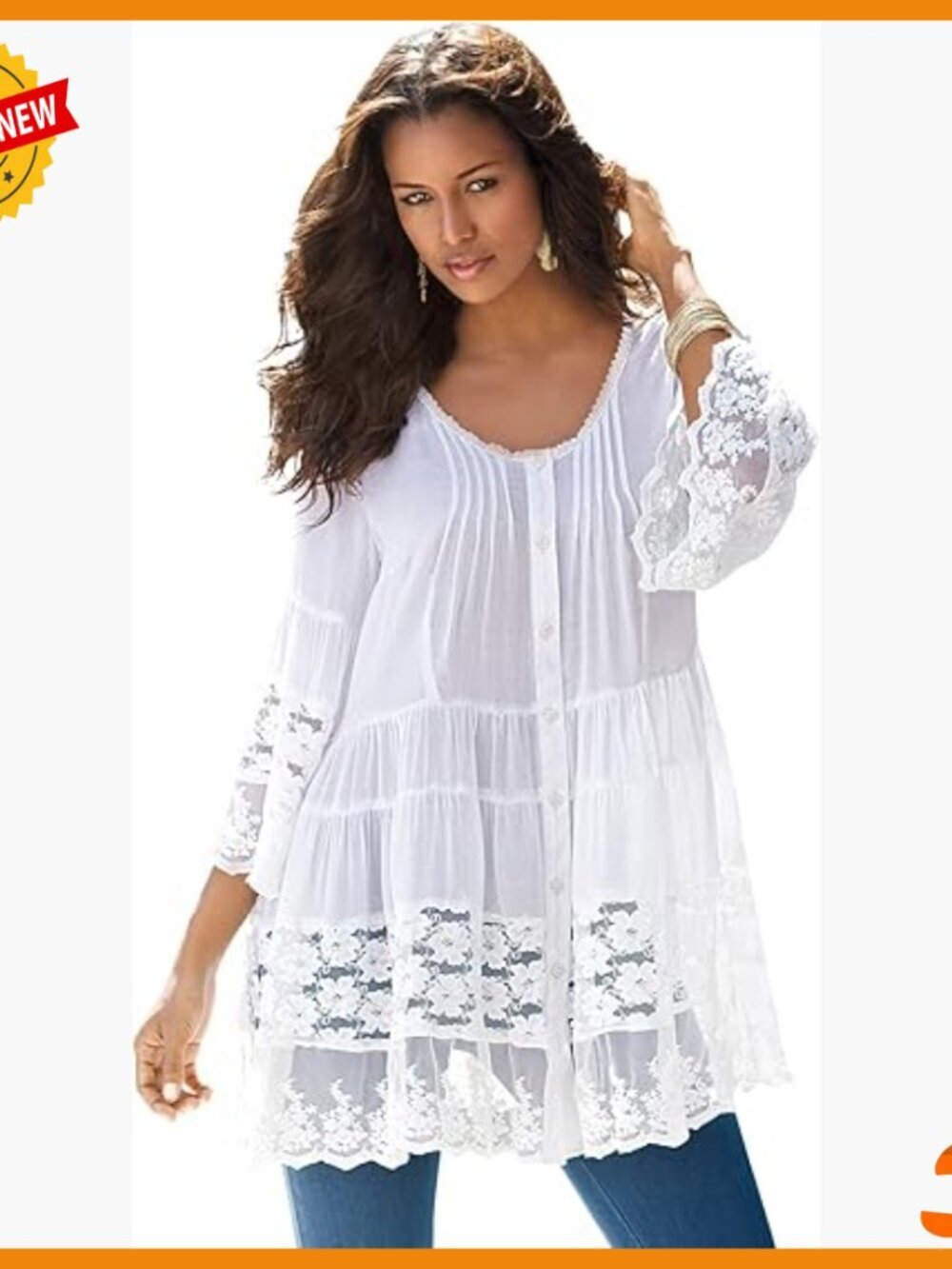 Plus Size Lace Illusion Tunic Blouse with Bell Sleeves